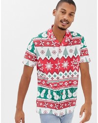 Urban Threads Christmas Short Sleeve Rever Collar Shirt In Fairisle
