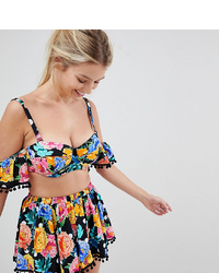 ASOS DESIGN Fuller Bust Underwired Pom Pom Bardot Bikini Top Dd G In Spot Floral Print