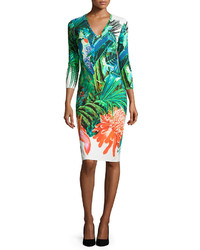Roberto Cavalli Tropical Print Long Sleeve V Neck Dress
