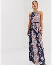 Little Mistress High Neck Floral Scarf Print Maxi Dress In Multi