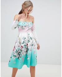 ASOS DESIGN Bardot Ombre Floral Print Midi Prom Dress