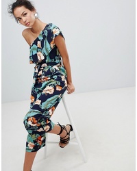 QED London One Shoulder Frill Jumpsuit In Tropical Floral Print