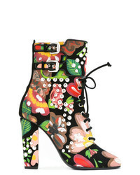 Multi colored Floral Leather Ankle Boots