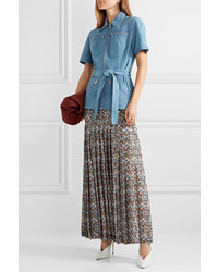 Victoria Beckham Pleated Floral Print Metallic Chiffon Maxi Skirt