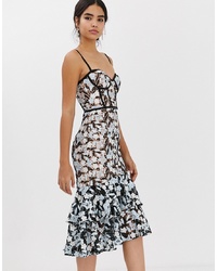 Jarlo All Over Contrast Lace Midi Dress With Ruffle Hem Detail In Multi