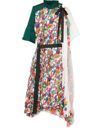 Sacai Draped Pleated Floral Print Satin And Chiffon Midi Dress