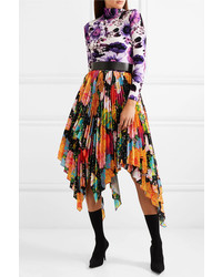 Richard Quinn Asymmetric Pleated Floral Print Satin Midi Skirt