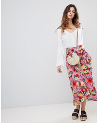 ASOS DESIGN Cotton Midi Skirt With Ruffle Hem And Belt In Floral Print