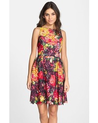 Adrianna Papell Floral Print Lace Fit Flare Dress