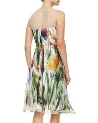 Badgley Mischka Sleeveless Illusion Floral Print Dress
