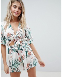 Missguided Tropical Print Tie Front Playsuit