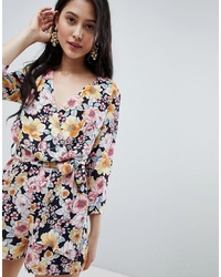 Oh My Love Wrap Front 34 Sleeve Playsuit In Floral Print