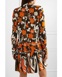 Prada Appliqud Pleated Floral Print Jersey Mini Dress