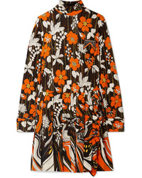 Prada Appliqud Pleated Floral Print Jersey Mini Dress