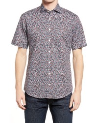 Brax Hardy Stretch Floral Short Sleeve Button Up Shirt In Smoke Blue At Nordstrom