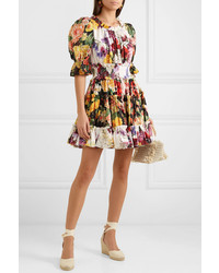 Dolce & Gabbana Ruffled Floral Print Cotton Poplin Mini Dress