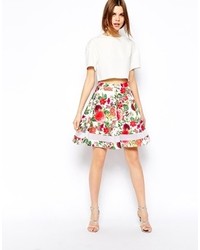 Asos Tropical Floral Print Skater Skirt In Scuba Multi
