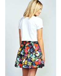 Boohoo Bea Bold Floral Print Box Pleat Skater Skirt
