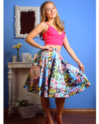 Choies Blue Floral Pleated Skater Skirt With Side Zipper