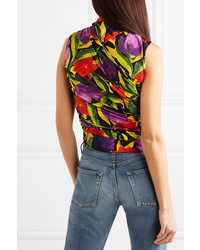Balenciaga Ruched Twist Front Floral Print Stretch Jersey Top