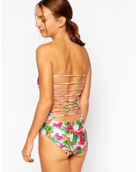 Asos Collection Tropical Print Lattice Back Bandeau Swimsuit