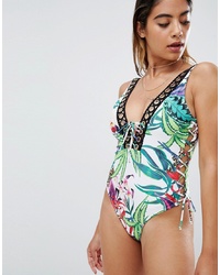 Missguided Lace Up Floral Plunge Swimsuit