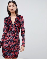 Club L Floral Printed Knot Front Mini Dress In Velvet