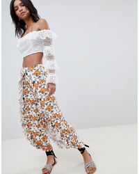ASOS DESIGN Wide Leg Trousers With High Low Frill Hem In Occasion Floral Print