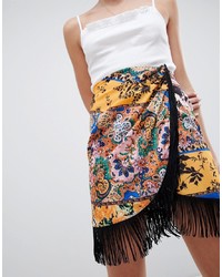 ASOS DESIGN Scarf Print Wrap Mini Skirt With Fringe Hem