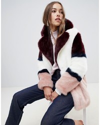 Jakke Mid Length Faux Fur Coat In Colour Block