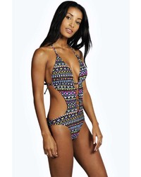 Boohoo Malawi Neon Aztec Cut Out Swimsuit