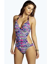 Boohoo Palermo Cut Out Aztec Print Swimsuit
