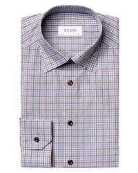 Eton Contemporary Fit Crease Resistant Brown Blue Check Dress Shirt