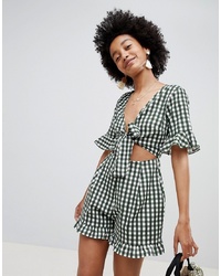 ASOS DESIGN Playsuit With Cut Out And In Linen In Gingham