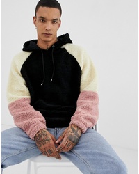 ASOS DESIGN Oversized Hoodie In Borg With Colour Blocking In Black