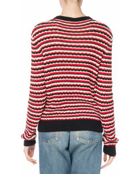 Saint Laurent Crewneck Long Sleeve Stripe Crochet Cotton Sweater