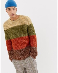 ASOS DESIGN Heavyweight Knitted Stripe Jumper In Brown