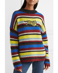 Kenzo Jumping Tiger Appliqud Striped Wool Blend Sweater