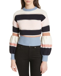 Self-Portrait Stripe Puff Sleeve Crop Sweater