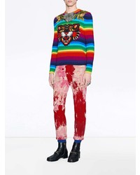 Gucci Striped Wool Intarsia Sweater With Appliqus