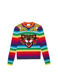 Gucci Striped Wool Intarsia Sweater With Appliqus