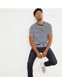 ASOS DESIGN Tall Stripe Relaxed Velour T Shirt With Rose Embroidery