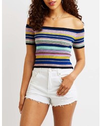 Charlotte Russe Striped Ribbed Knit Off The Shoulder Crop Top