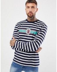 ASOS DESIGN Relaxed Heavyweight Long Sleeve Striped T Shirt With Emblem Print