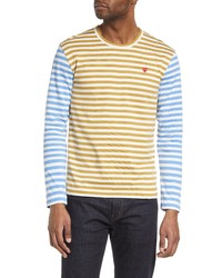 Comme Des Garcons Play Small Heart Stripe Colorblock Long Sleeve T Shirt In Oliveblue At Nordstrom