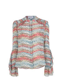 Multi colored Horizontal Striped Silk Button Down Blouse