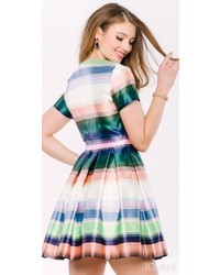 Jovani Water Colored Striped Fit And Flare Cocktail Dress