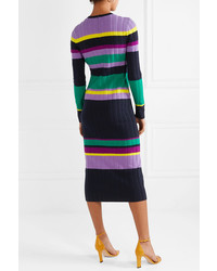 Lela Rose Color Block Ribbed Wool Blend Midi Dress