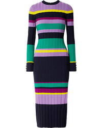 Lela Rose Color Block Ribbed Wool Blend Midi Dress