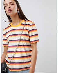 Multi colored Horizontal Striped Velvet Crew-neck T-shirt